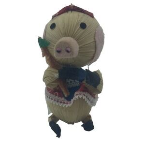 Vintage Kurt Adler Corn Husk Girl Pig Ornament 4" Tall Curly‎ Q Tail